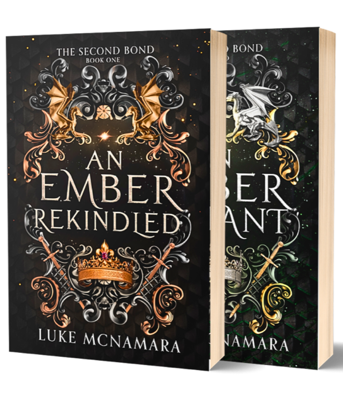 3D mockup of the signed An Ember Rekindled and An Ember Defiant paperbacks together
